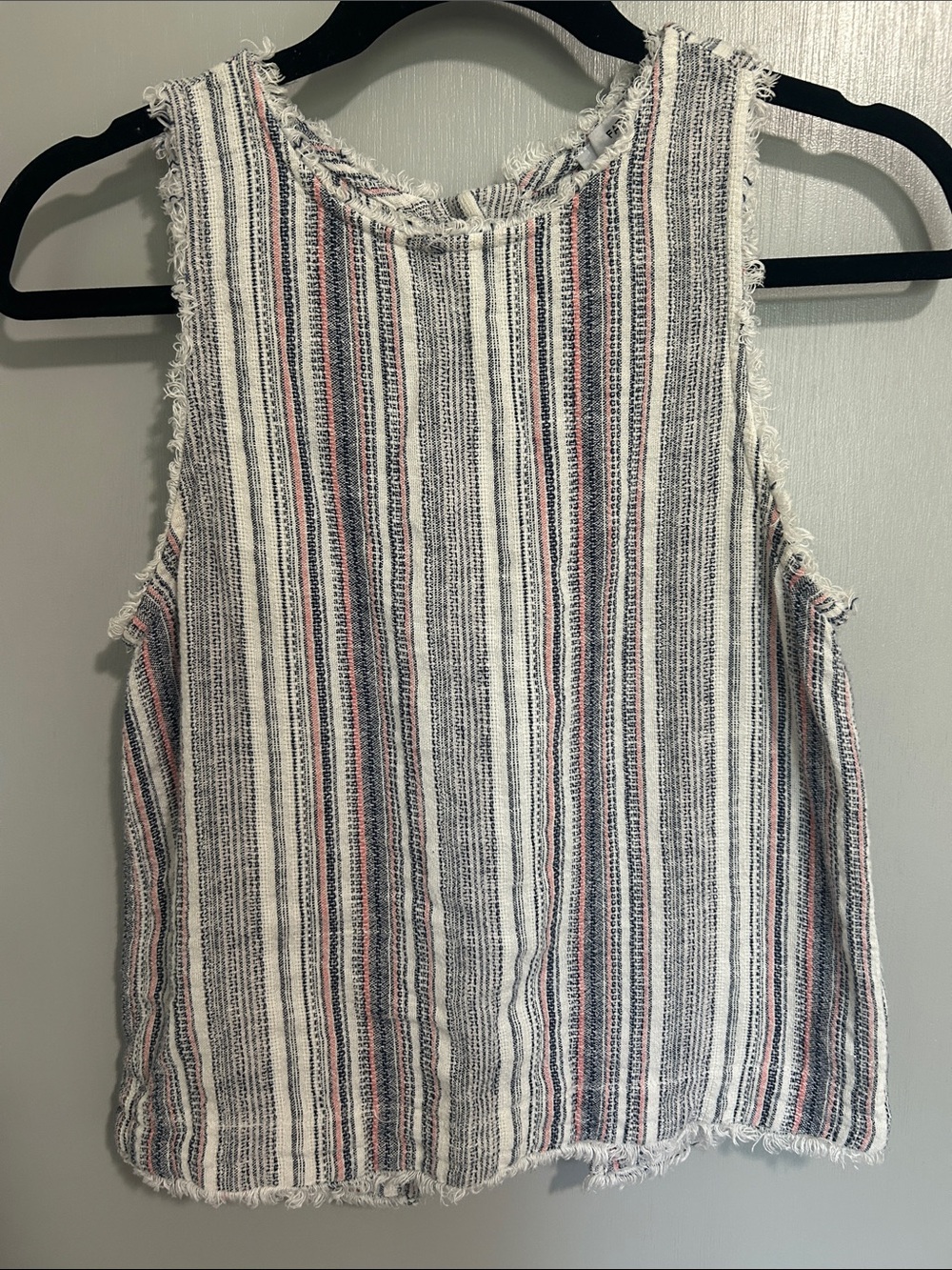 Fate Striped Frayed-Edge Cotton and Line. Tank Top in White, Navy & Pink